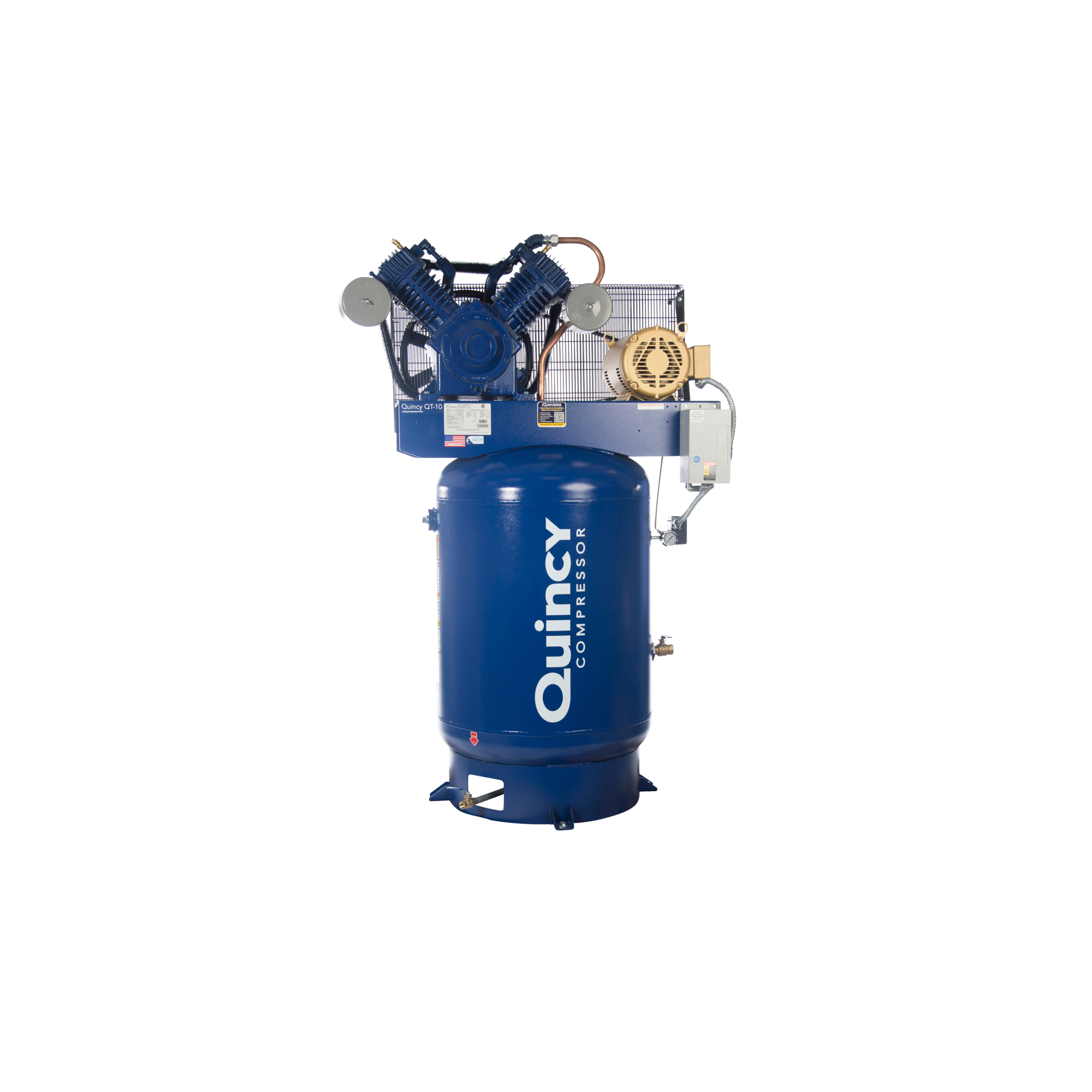 Quincy Compressor, QT 10hp 120G 2Stg Air Compressor 230V 3ph V PRO, Horsepower 10 HP, Air Tank Size 120 Gal, Volts 230 Model# 4103DS12VCB23